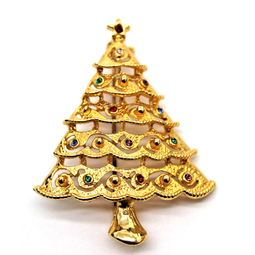 Gold Tone Christmas Tree Brooch Tiny Rhinestones • Detailed • Star • Multi Color